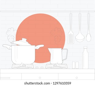 line art vector illustration kitchen interior with pan, milk pot on the gas stove and ladle, spoon, shovel, bottle, salt shaker in the background