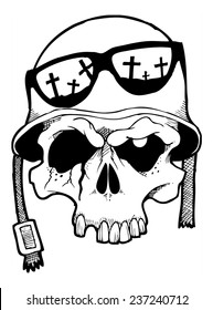 Line art vector illustration of little a soldier skull.