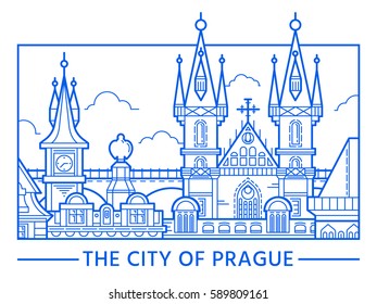 Line Art Vector Illustration of The Main Attractions of The City of Prague. Stroke design style.