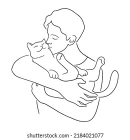 Line art vector illustration of man cuddling a cat. Person kisses pet. Pets friendly concept