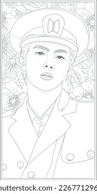 Line art vector illustration of a man with a perfectly handsome face. Background line art flowers and leaves. Can be used for adult coloring books svg