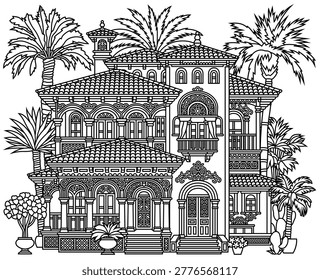 Line art vector illustration of a mediterranean villa with detailed facade, terracotta roofs and tropical plants in garden. Black outline design for coloring book. Hand drawn, not AI