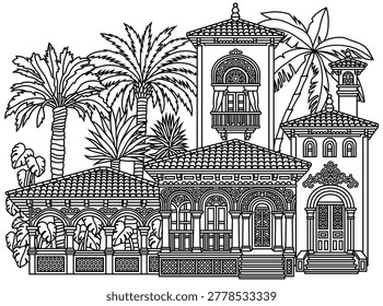 Line art vector illustration of a mediterranean villa with detailed facade, terracotta roofs and tropical plants in garden. Black outline design for coloring book. Hand drawn, not AI