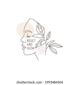 Line art, vector illustration in a minimalistic style. Outline girl portrait , a branch of a plant. Abstract form, dots. Lettering "reset and glow". Poster design, banner. Skin care, beauty procedures