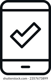 Line art vector illustration of mobile phone with tick symbol. Verified and accepted.