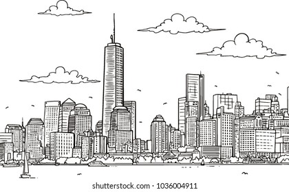 Line Art Vector Illustration of Modern Big City Background with Skyscrapers. Flat design Style