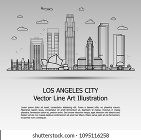 Line Art Vector Illustration of Modern Los Angeles City with Skyscrapers. Flat Line Graphic. Typographic Style Banner. The Most Famous Buildings Cityscape on Gray Background.