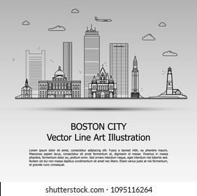 Line Art Vector Illustration of Modern Boston City with Skyscrapers. Flat Line Graphic. Typographic Style Banner. The Most Famous Buildings Cityscape on Gray Background.