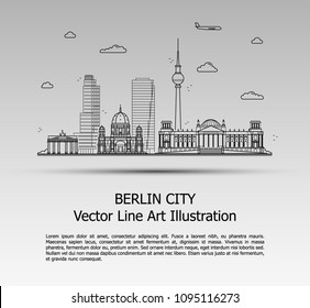 Line Art Vector Illustration of Modern Berlin City with Skyscrapers. Flat Line Graphic. Typographic Style Banner. The Most Famous Buildings Cityscape on Gray Background.