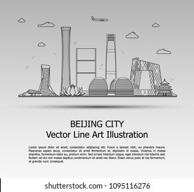 Line Art Vector Illustration of Modern Beijing City with Skyscrapers. Flat Line Graphic. Typographic Style Banner. The Most Famous Buildings Cityscape on Gray Background.