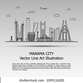 Line Art Vector Illustration of Modern Manama City with Skyscrapers. Flat Line Graphic. Typographic Style Banner. The Most Famous Buildings Cityscape on Gray Background.