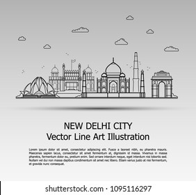 Line Art Vector Illustration of Modern New Delhi City with Skyscrapers. Flat Line Graphic. Typographic Style Banner. The Most Famous Buildings Cityscape on Gray Background.