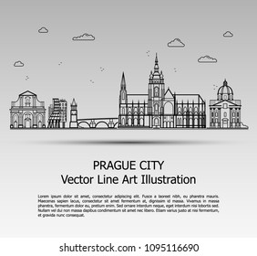 Line Art Vector Illustration of Modern Prague City with Skyscrapers. Flat Line Graphic. Typographic Style Banner. The Most Famous Buildings Cityscape on Gray Background.