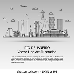 Line Art Vector Illustration of Modern Rio de Janeiro City with Skyscrapers. Flat Line Graphic. Typographic Style Banner. The Most Famous Buildings Cityscape on Gray Background.