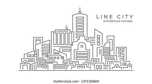 Line Art Vector Illustration of Modern Big City Background with Skyscrapers