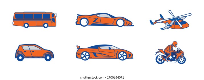 Line art vector illustration of modern public transportation bus car sportcar superbike helicopter