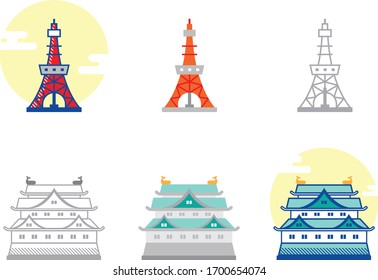 Line art vector illustration of modern city landmark landscape japan tokyo tower nagoya castle heritage