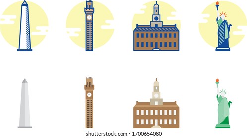 Line art vector illustration of modern city landmark landscape building icon of usa washington dc baltimore philly nyc