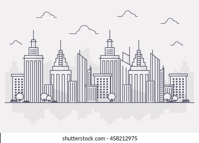 Line Art Vector Illustration of Modern Big City Background with Skyscrapers. Flat design Style.