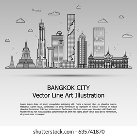 Line Art Vector Illustration of Modern Bangkok City with Skyscrapers. Flat Line Graphic. Typographic Style Banner. The Most Famous Buildings Cityscape on Gray Background.