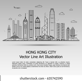 Line Art Vector Illustration of Modern Hong Kong City with Skyscrapers. Flat Line Graphic. Typographic Style Banner. The Most Famous Buildings Cityscape on Gray Background. 