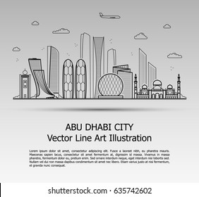 Line Art Vector Illustration of Modern Abu Dhabi City with Skyscrapers. Flat Line Graphic. Typographic Style Banner. The Most Famous Buildings Cityscape on Gray Background. 