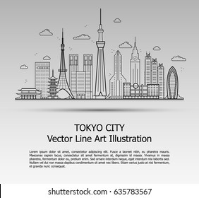 Line Art Vector Illustration of Modern Tokyo City with Skyscrapers. Flat Line Graphic. Typographic Style Banner. The Most Famous Buildings Cityscape on Gray Background. 