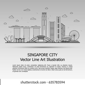 Line Art Vector Illustration of Modern Singapore City with Skyscrapers. Flat Line Graphic. Typographic Style Banner. The Most Famous Buildings Cityscape on Gray Background. 