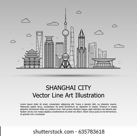 Line Art Vector Illustration of Modern Shanghai City with Skyscrapers. Flat Line Graphic. Typographic Style Banner. The Most Famous Buildings Cityscape on Gray Background. 