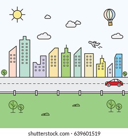 Line Art Vector Illustration of Modern City Background with Skyscrapers. Flat design Style.