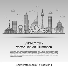 Line Art Vector Illustration of Modern Sydney City with Skyscrapers. Flat Line Graphic. Typographic Style Banner. The Most Famous Buildings Cityscape on Gray Background.