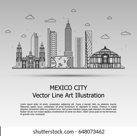 Line Art Vector Illustration of Modern Mexico City with Skyscrapers. Flat Line Graphic. Typographic Style Banner. The Most Famous Buildings Cityscape on Gray Background.