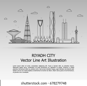 Line Art Vector Illustration of Modern Riyadh City with Skyscrapers. Flat Line Graphic. Typographic Style Banner. The Most Famous Buildings Cityscape on Gray Background.