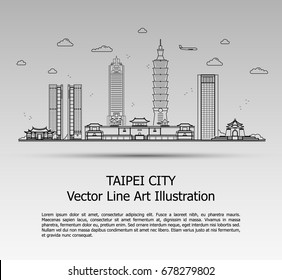 Line Art Vector Illustration of Modern Taipei City with Skyscrapers. Flat Line Graphic. Typographic Style Banner. The Most Famous Buildings Cityscape on Gray Background.