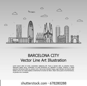 Line Art Vector Illustration of Modern Barcelona City with Skyscrapers. Flat Line Graphic. Typographic Style Banner. The Most Famous Buildings Cityscape on Gray Background.