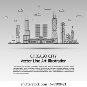 Line Art Vector Illustration of Modern Chicago City with Skyscrapers. Flat Line Graphic. Typographic Style Banner. The Most Famous Buildings Cityscape on Gray Background.