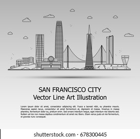 Line Art Vector Illustration of Modern San Francisco City with Skyscrapers. Flat Line Graphic. Typographic Style Banner. The Most Famous Buildings Cityscape on Gray Background.