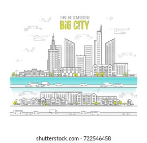 line art vector illustration of a modern big city and community city background with skyscrapers, graphic elements, trees, cars, roads, lights, the sea. Flat design style. 