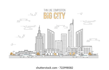 line art vector illustration of a modern big city background with skyscrapers, graphic elements, trees, cars, roads, lights, the sea. Flat design style. 