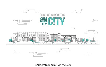 line art vector illustration of a modern community city background with skyscrapers, graphic elements, trees, cars, roads, lights, the sea. Flat design style. 