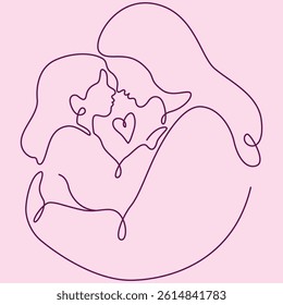 Line art vector illustration of mother and daughter, Mother's Day celebration, mother hugging daughter