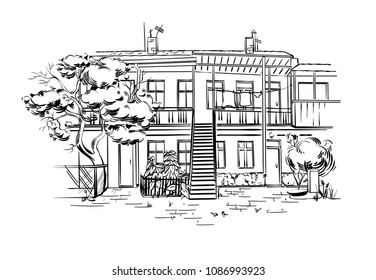 Line art Vector illustration of old courtyard . Building in the old town. Good for vintage postcards, prints, magazines, Coloring Books