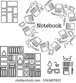 Line art vector illustration on the topic of books and writings. Round logotype. Literary design for writer. Set of icons for authors. Bookshelves line art pictures set. Notebook's cover.