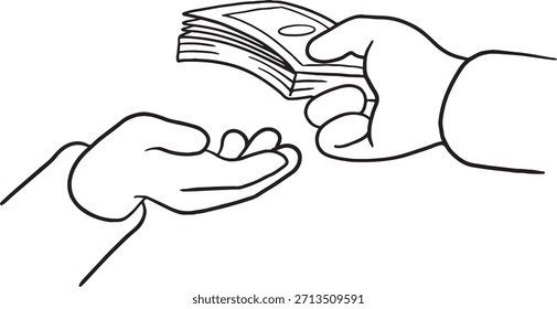 Ilustración vectorial de arte de línea de una mano dando una pila de dinero o efectivo a otra mano abierta. Representa transacciones financieras, pagos, salarios, préstamos, sobornos, préstamos o donaciones.