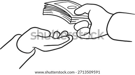 Line art vector illustration of one hand giving a stack of money or cash to another open hand. Represents financial transactions, payment, salary, loan, bribe, lending, or donation.
