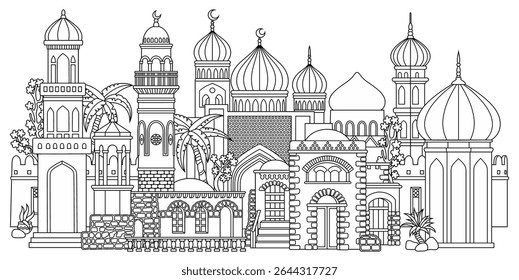 Line art vector illustration of an oriental city with domes, towers, and minarets. Perfect for Arabian, Islamic, and fairytale themed designs. Hand drawn, not AI
