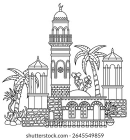 Ilustración vectorial de arte lineal de una ciudad oriental con cúpulas, torres y minaretes. Perfecto para diseños árabes, islámicos y de cuento de hadas. Dibujado a mano, no AI