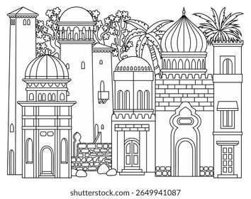 Line art vector illustration of an oriental city with domes, towers, and minarets. Perfect for Arabian, Islamic, and fairytale themed designs. Hand drawn, not AI