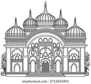 Line art vector illustration of an oriental city with domes, towers, and minarets. Perfect for Arabian, Islamic, and fairytale themed designs. Hand drawn, not AI