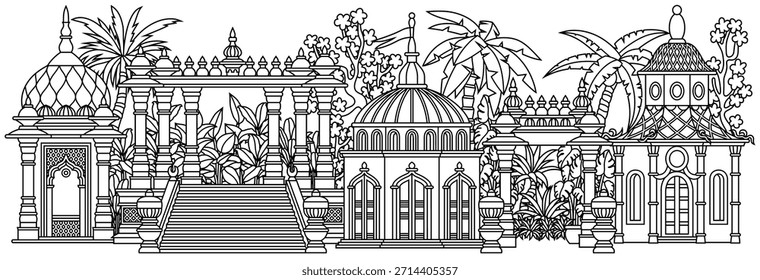 Ilustración vectorial de arte lineal de una ciudad oriental con cúpulas, torres y minaretes. Perfecto para diseños árabes, islámicos y de cuento de hadas. Dibujado a mano, no AI